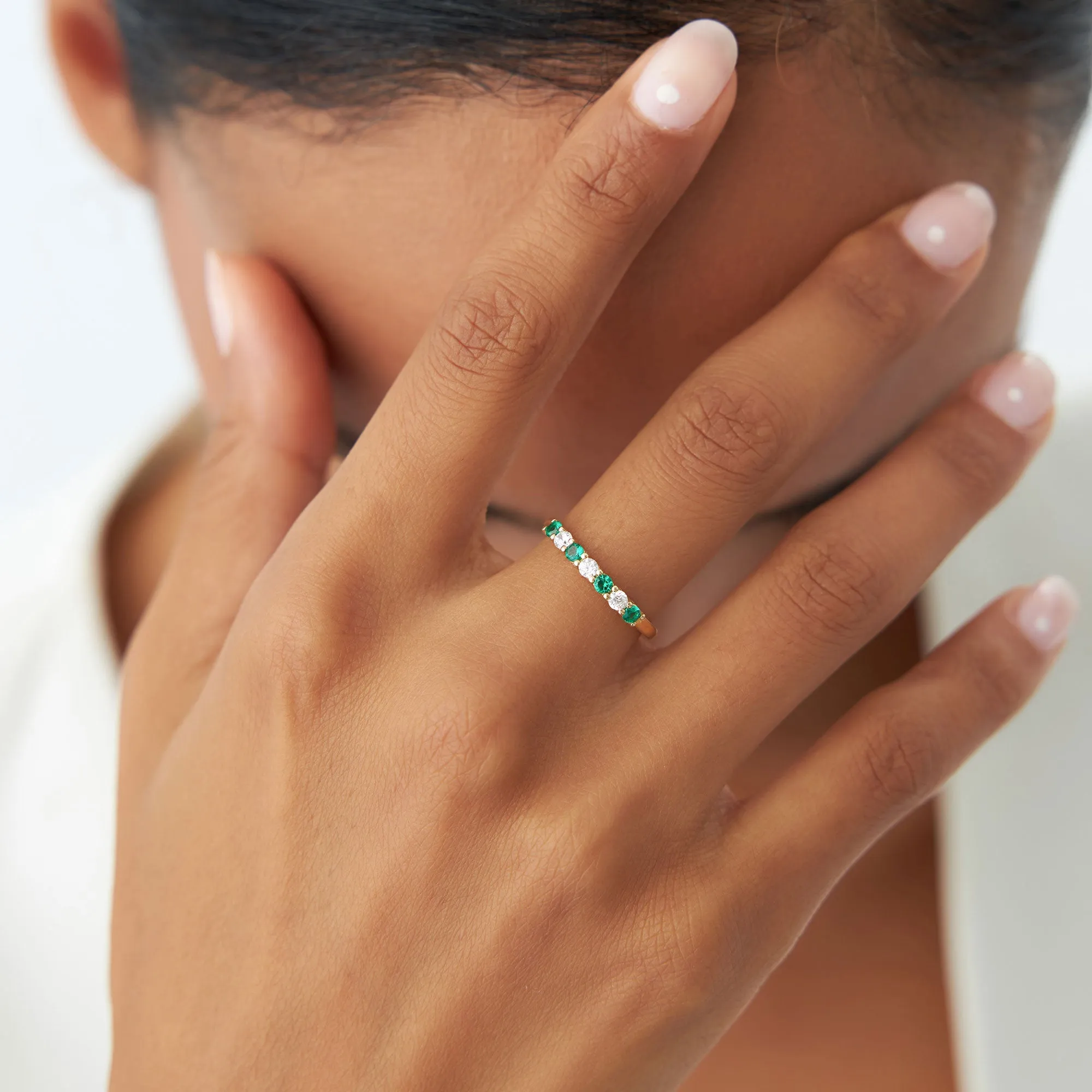 14k 7 Stone Basket Setting Diamond and Emerlad Wedding Ring