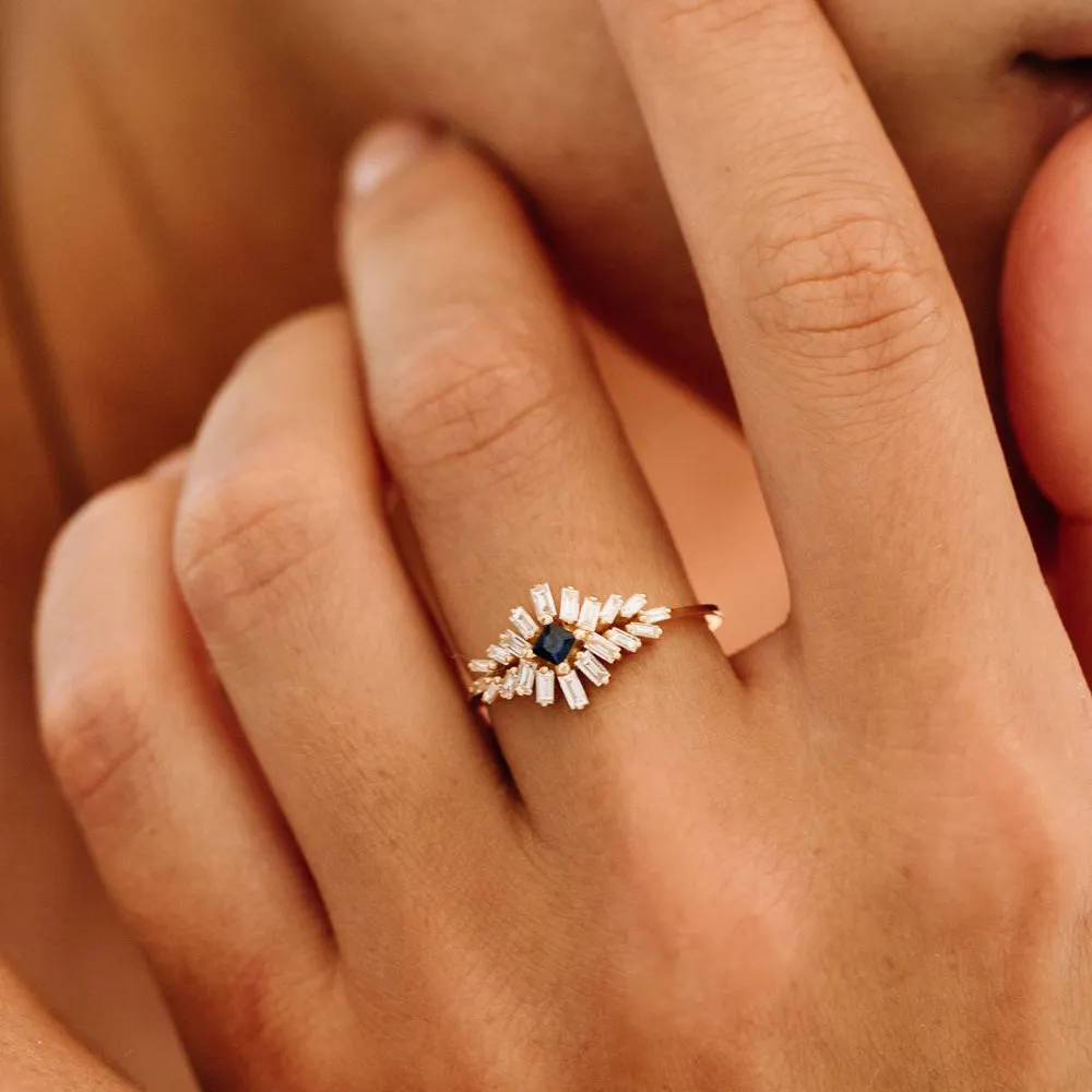 14K Baguette Diamond Ring with Square Sapphire