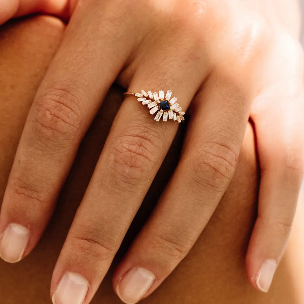 14K Baguette Diamond Ring with Square Sapphire
