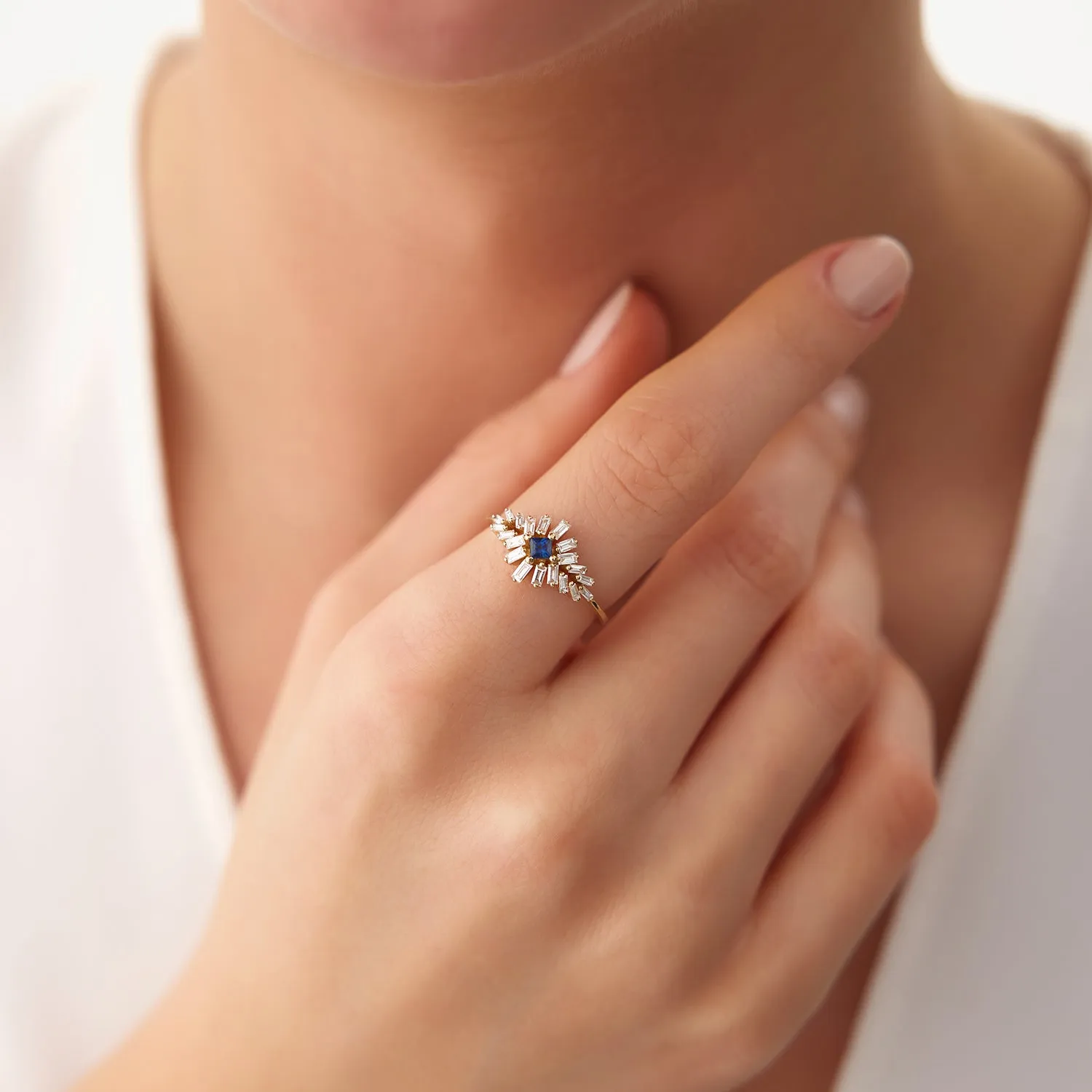 14K Baguette Diamond Ring with Square Sapphire