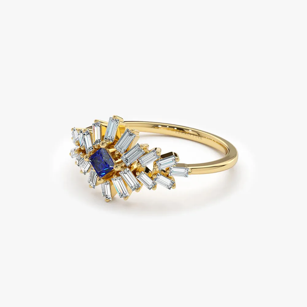 14K Baguette Diamond Ring with Square Sapphire