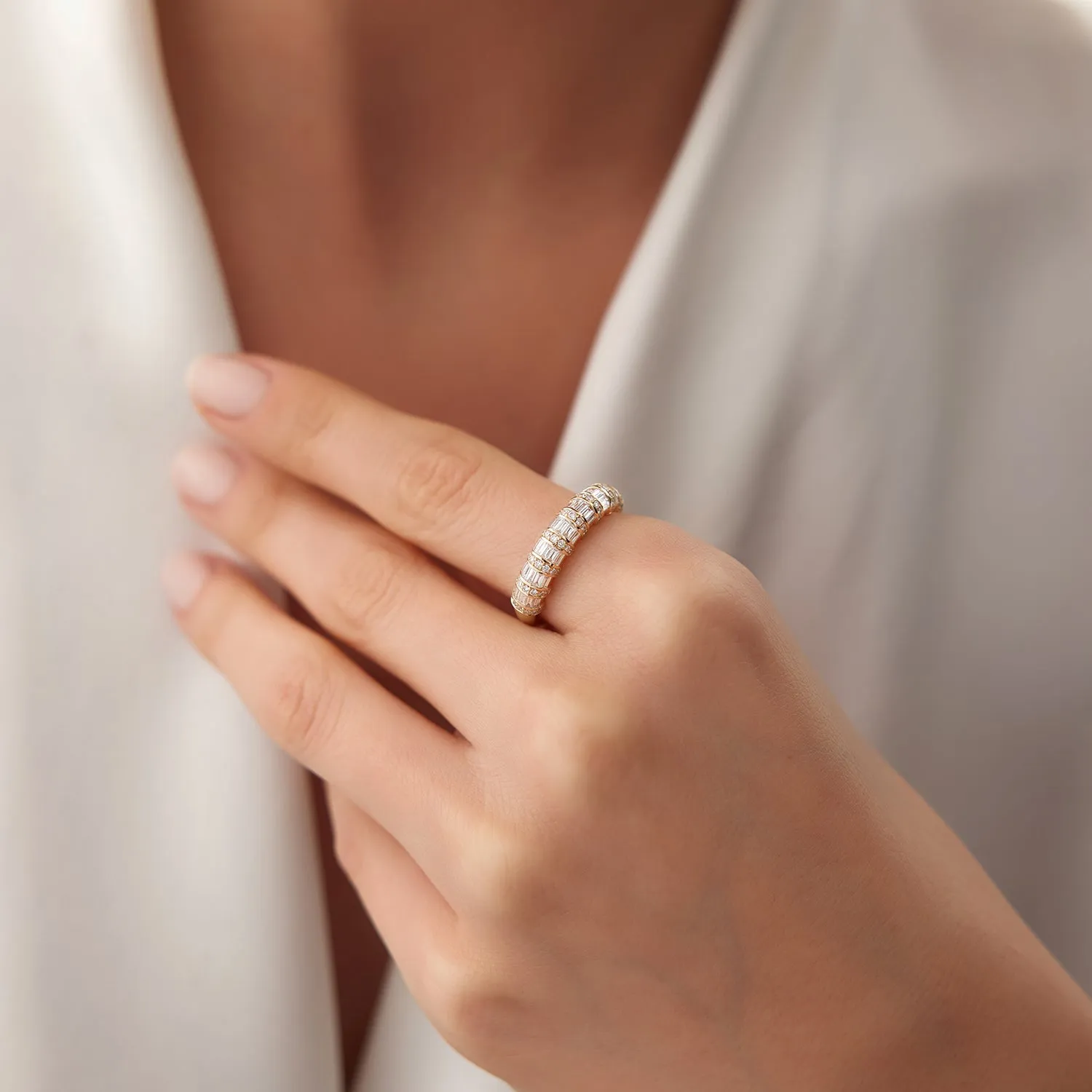 14k Dome Baguette Diamond Women's Anniversary Ring