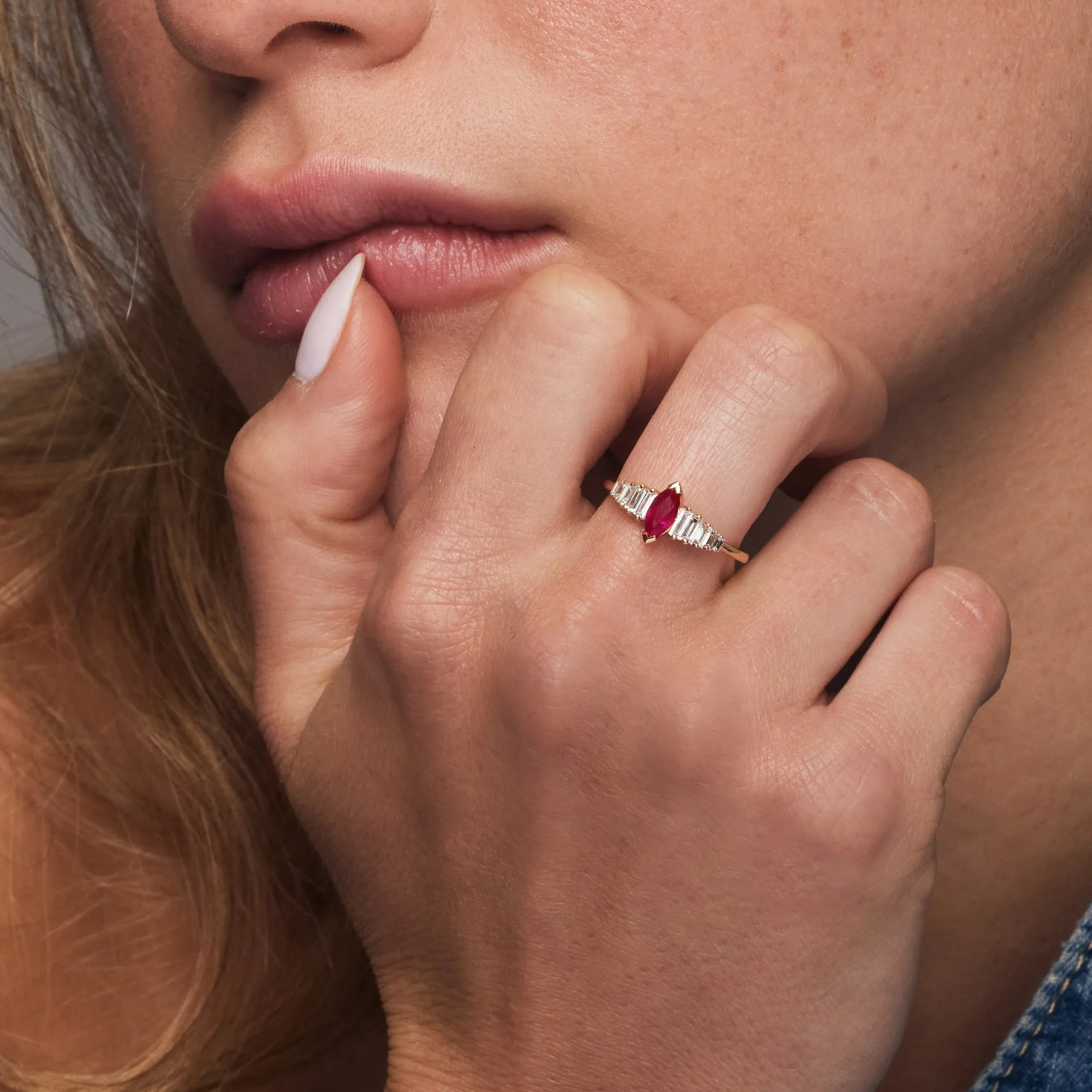 14k Gold Marquise Shape Ruby  Ring with Baguette Accents