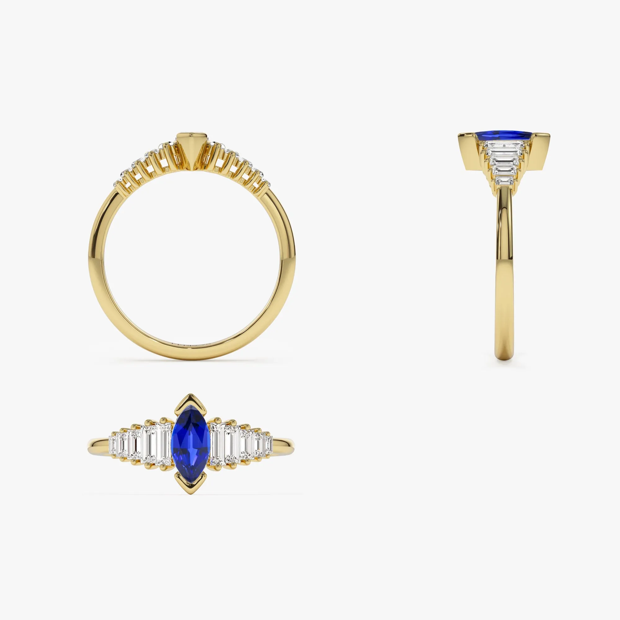 14k Gold Marquise Shape Sapphire  Ring with Baguette Accents