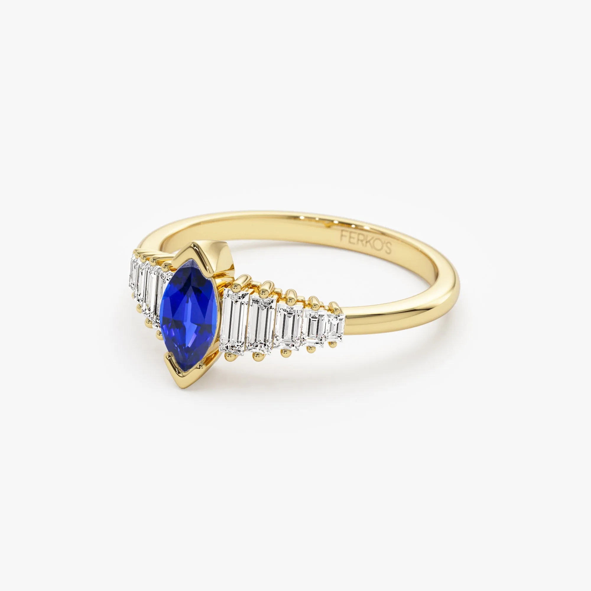 14k Gold Marquise Shape Sapphire  Ring with Baguette Accents