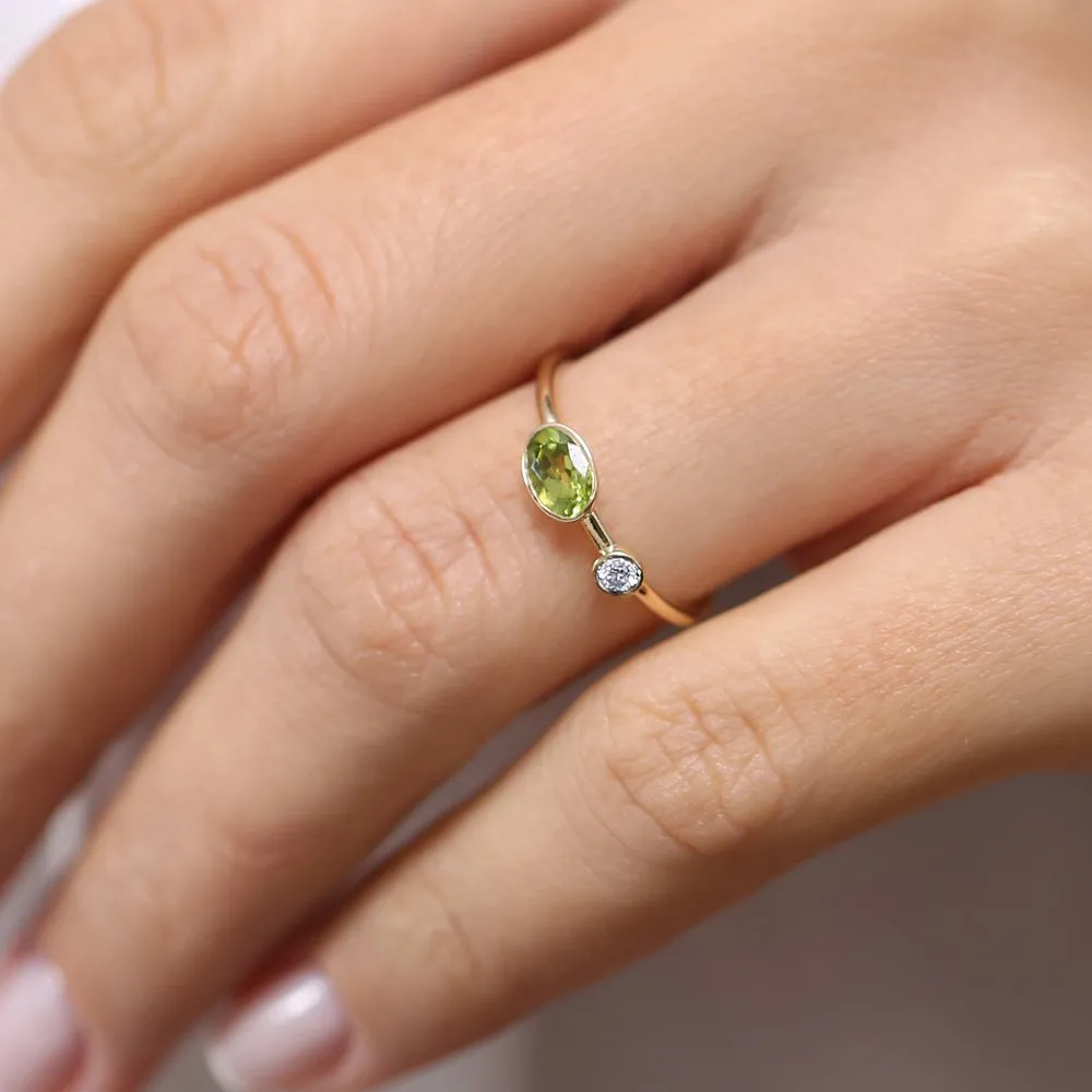 14k Gold Oval Peridot  and Diamond Ring