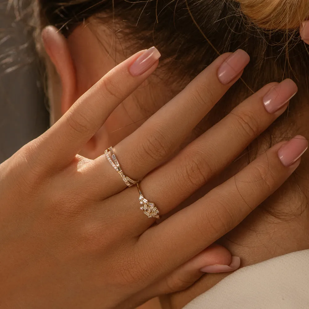 14k Mix Baguette and Round Diamond Crossover Ring