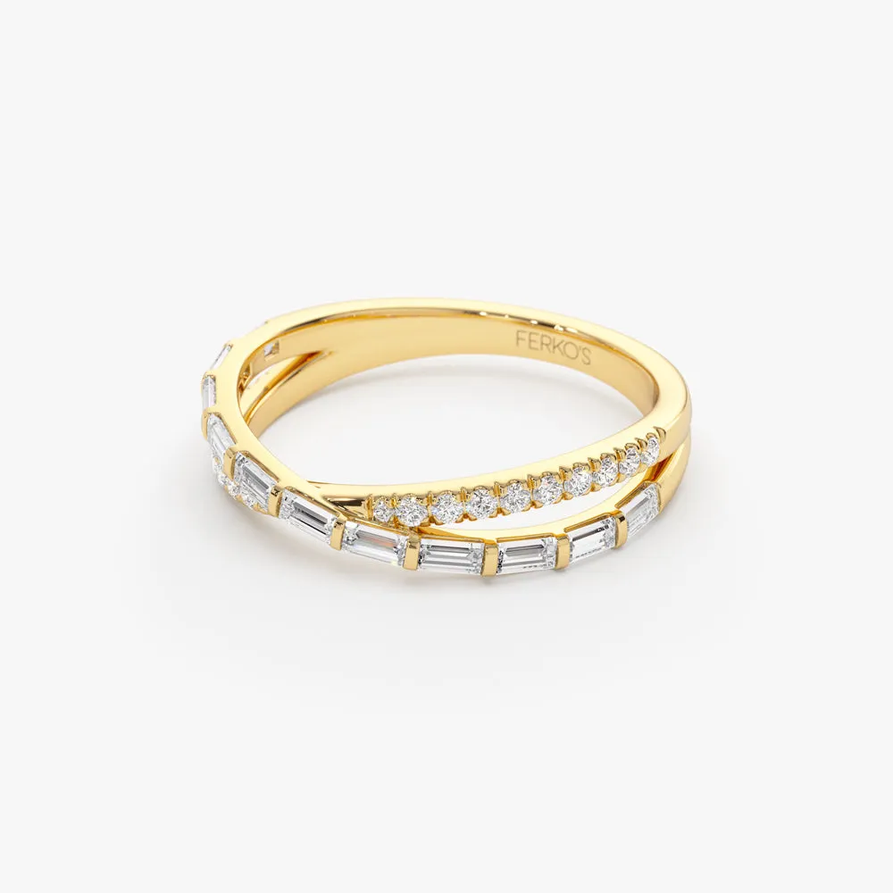 14k Mix Baguette and Round Diamond Crossover Ring