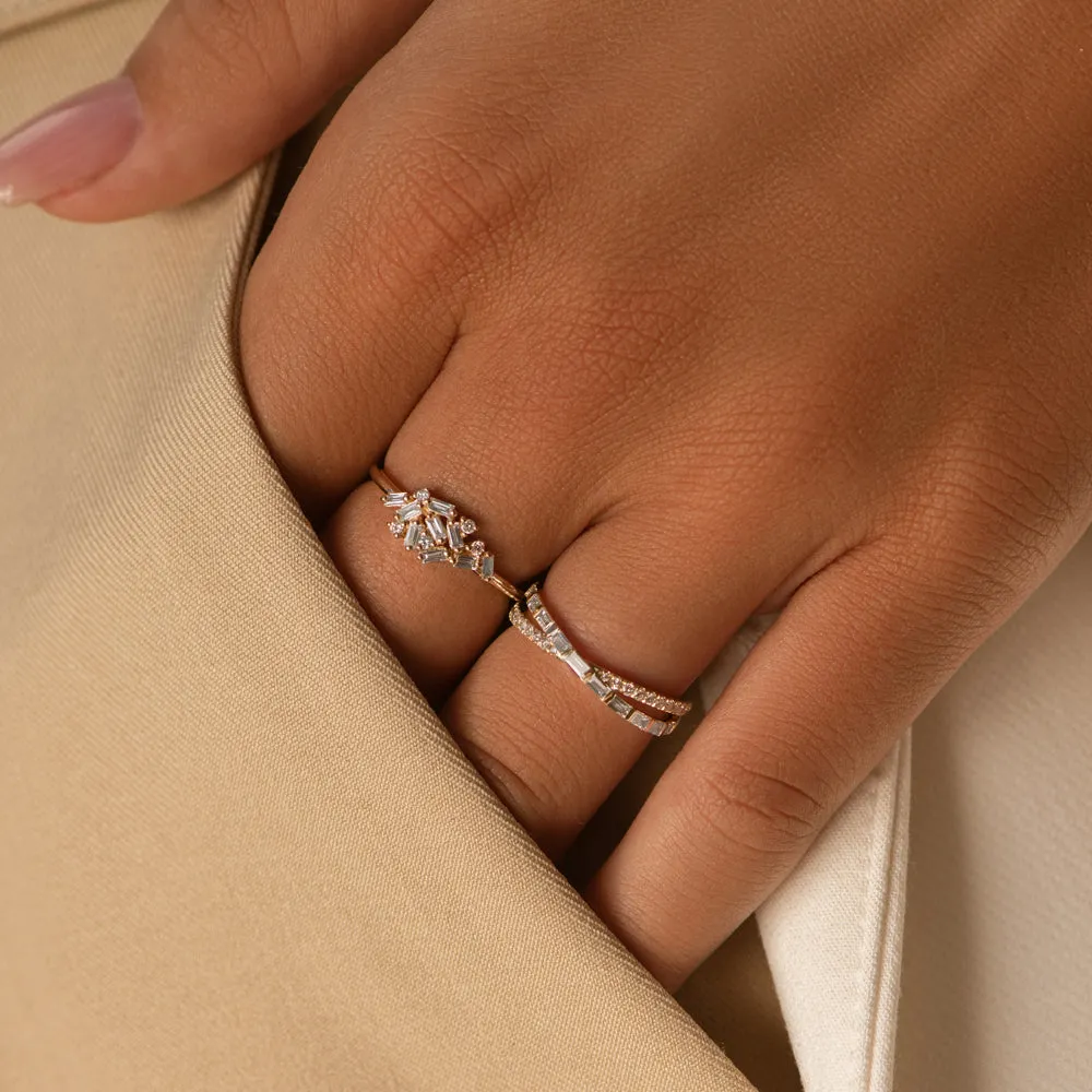 14k Mix Baguette and Round Diamond Crossover Ring