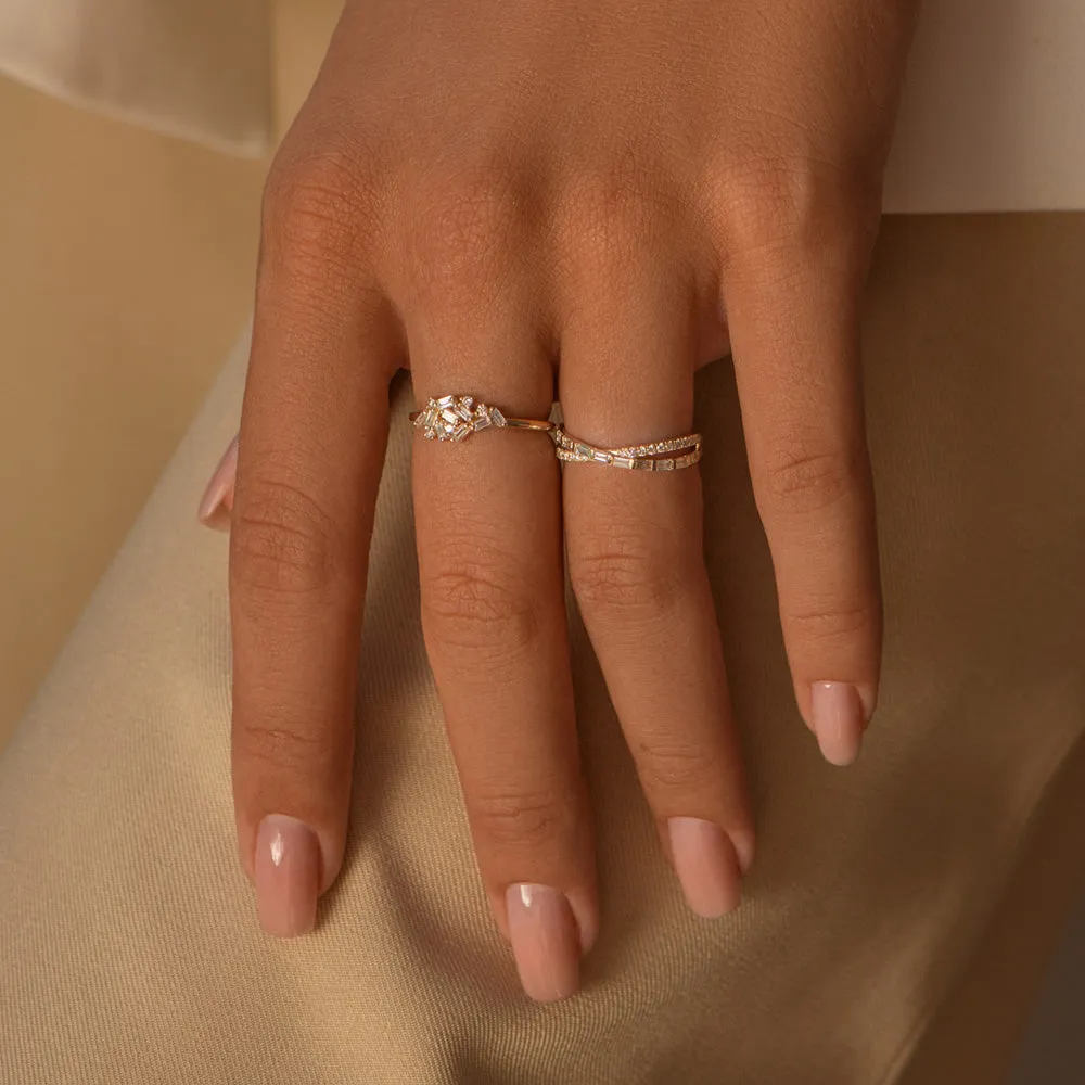 14k Mix Baguette and Round Diamond Crossover Ring