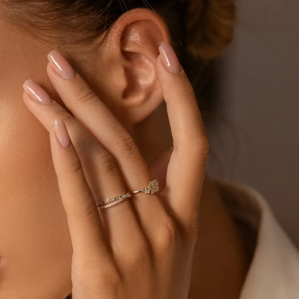 14k Mix Baguette and Round Diamond Crossover Ring