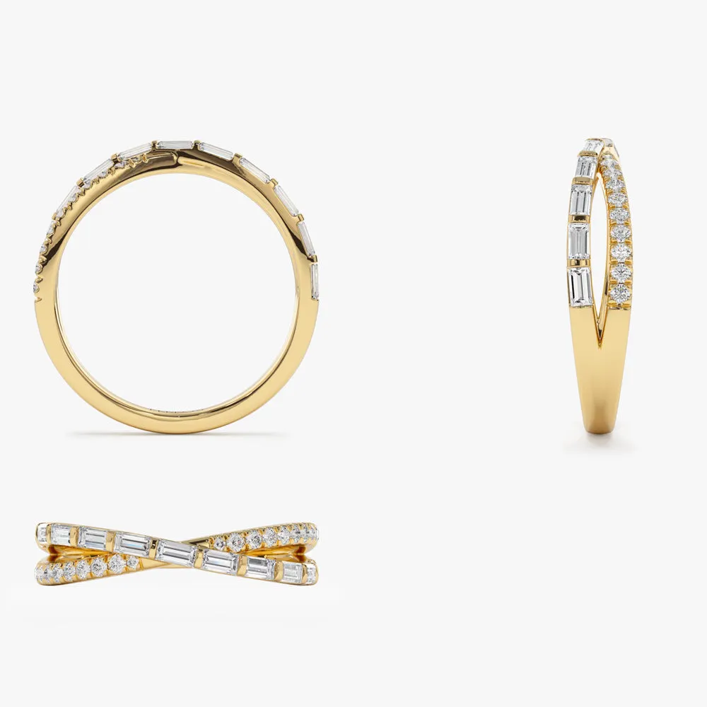 14k Mix Baguette and Round Diamond Crossover Ring