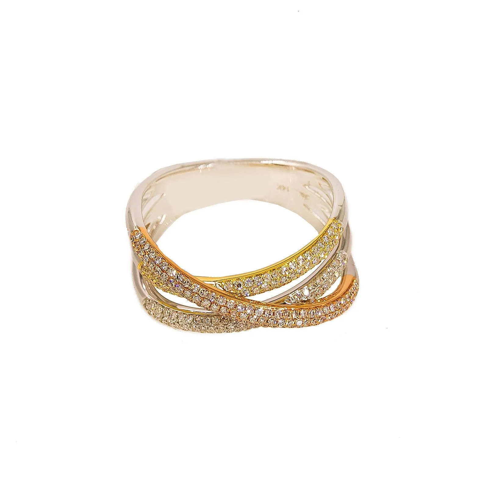 14K Multi Tone Diamond Ring W/ VS Diamonds & Cross Over Pattern