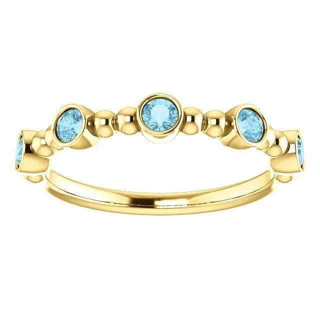 14KT GOLD 0.30 CTW AQUAMARINE BEZEL-SET 5 STONE BEADED RING