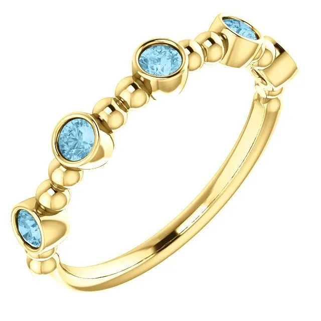 14KT GOLD 0.30 CTW AQUAMARINE BEZEL-SET 5 STONE BEADED RING