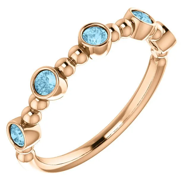 14KT GOLD 0.30 CTW AQUAMARINE BEZEL-SET 5 STONE BEADED RING