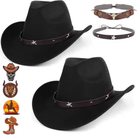 2 Pieces Western Cowboy Hat for Men Women Classic Fedora Hat with 3 Buckle Belt 4pcs