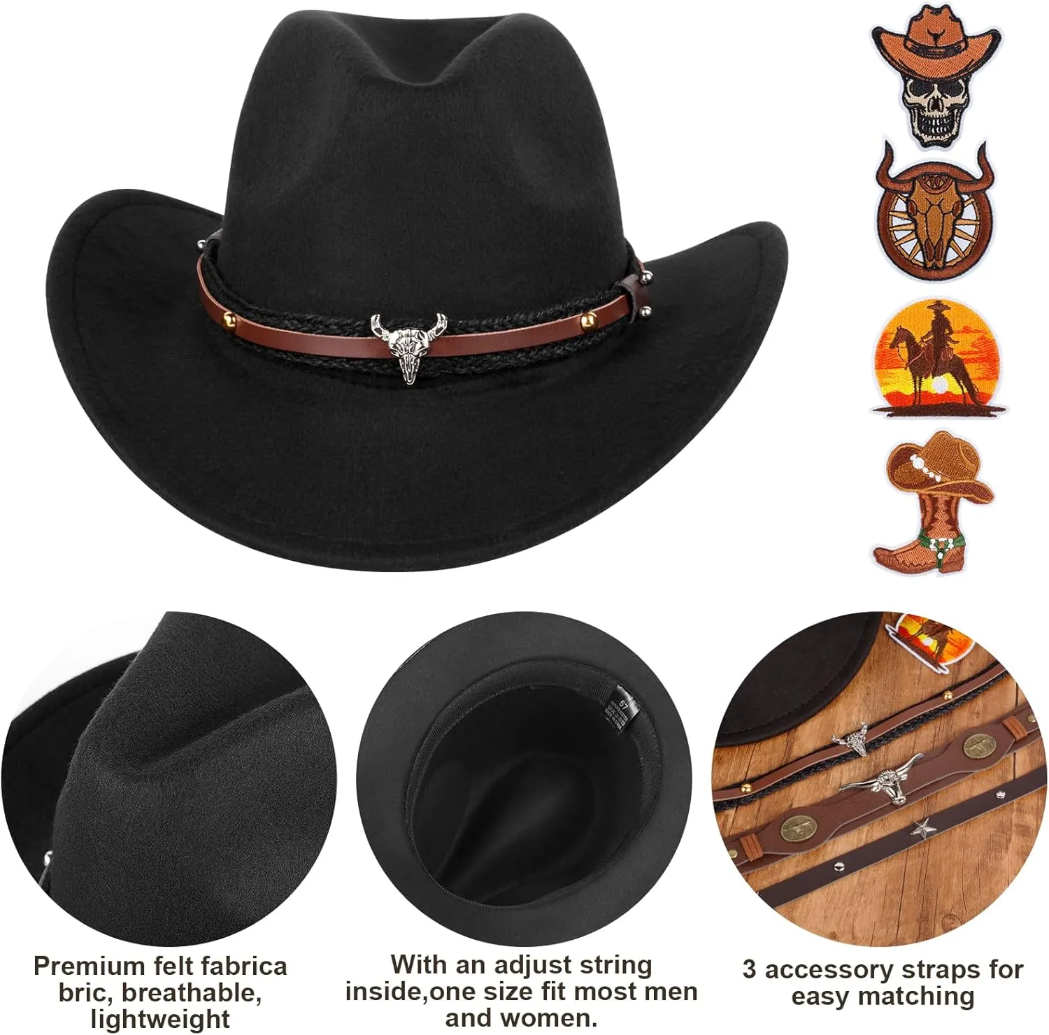 2 Pieces Western Cowboy Hat for Men Women Classic Fedora Hat with 3 Buckle Belt 4pcs