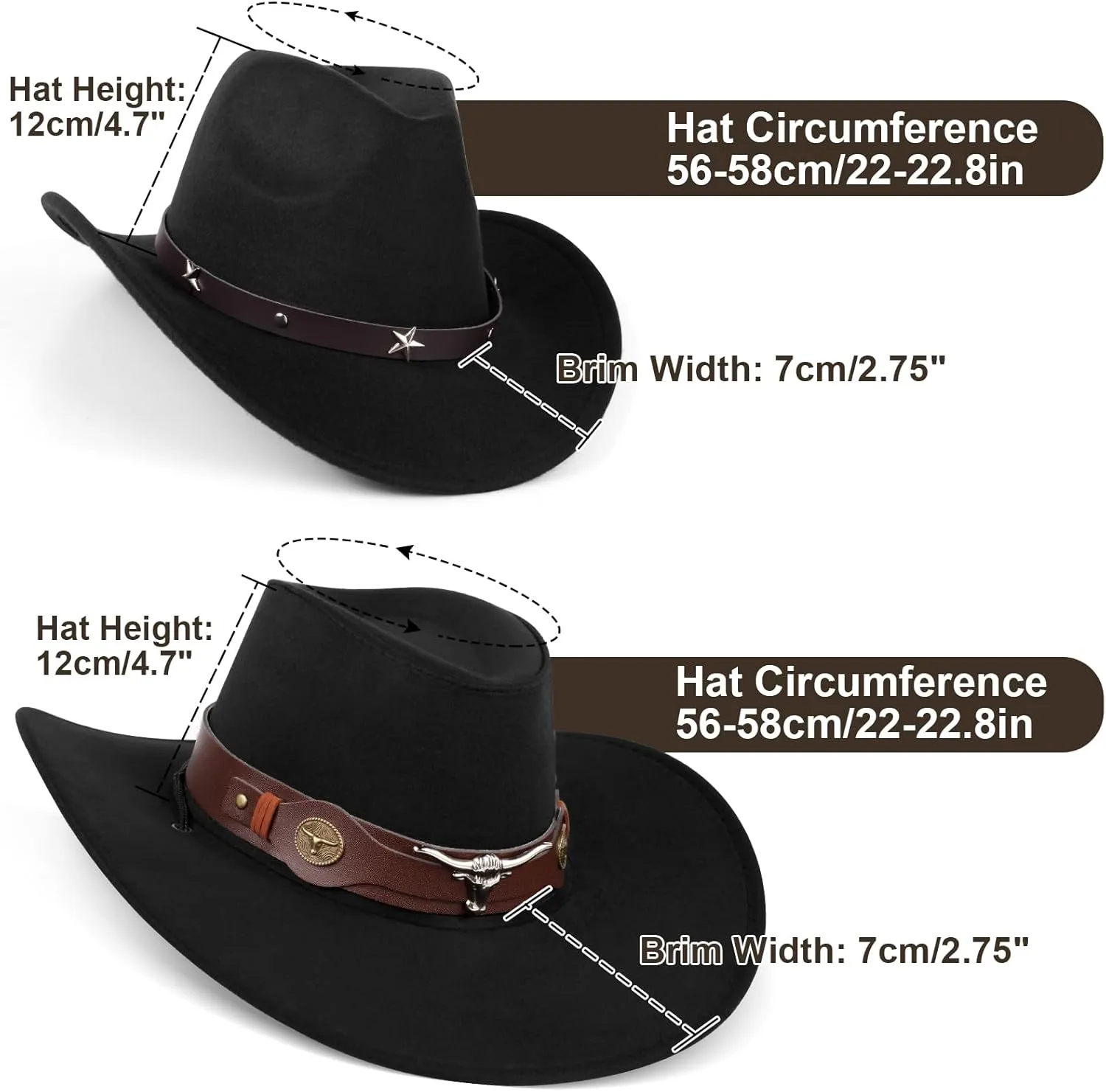 2 Pieces Western Cowboy Hat for Men Women Classic Fedora Hat with 3 Buckle Belt 4pcs