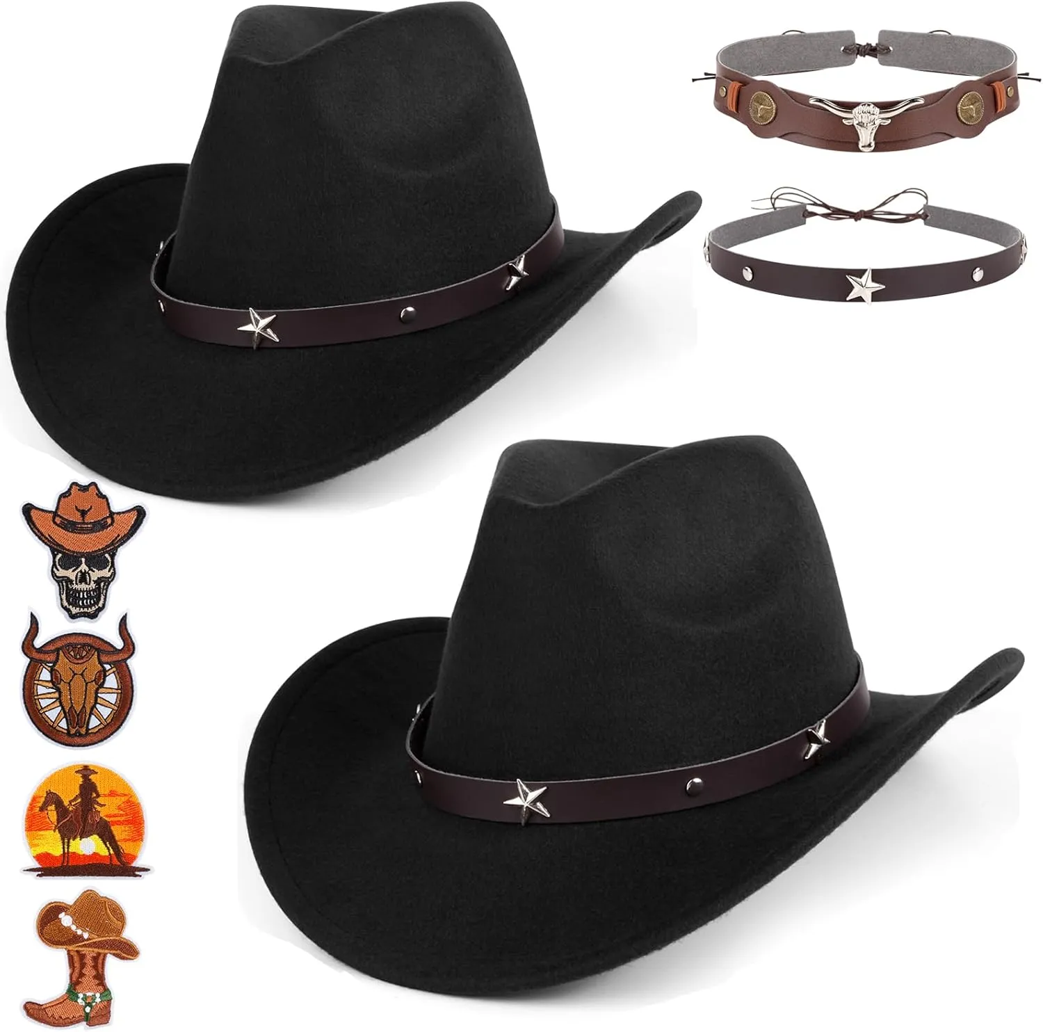 2 Pieces Western Cowboy Hat for Men Women Classic Fedora Hat with 3 Buckle Belt 4pcs
