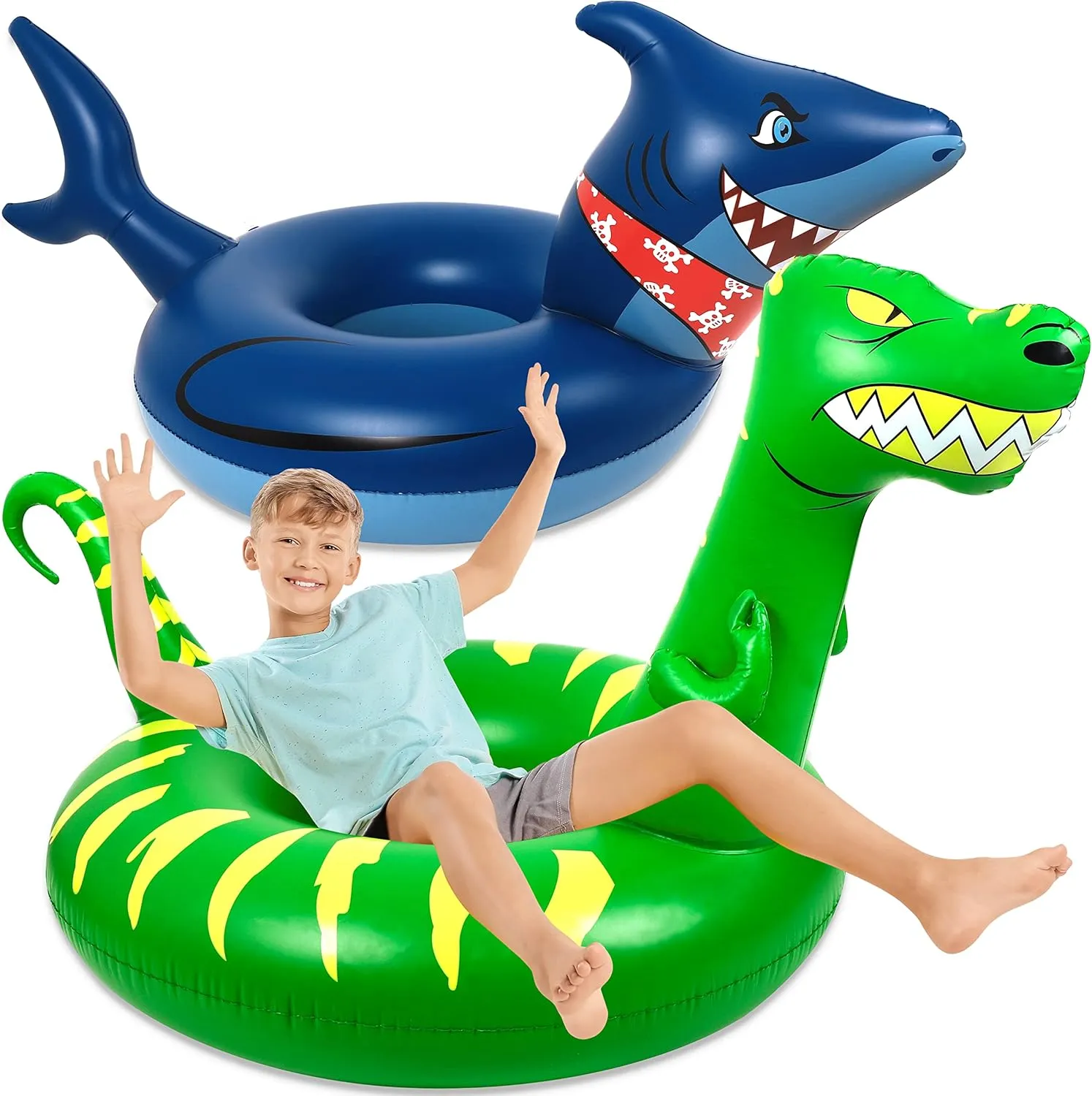 2PCS Pool Floats for Kids Adults Inflatable Dinosaur Shark Swimming Floaties Rings Water Party Supplies