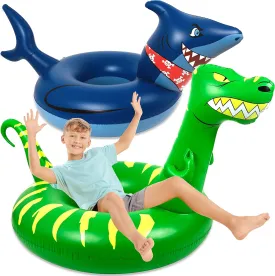 2PCS Pool Floats for Kids Adults Inflatable Dinosaur Shark Swimming Floaties Rings Water Party Supplies