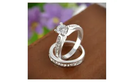 2Pcs Set of Silver Plated Women Engagement Wedding Rings