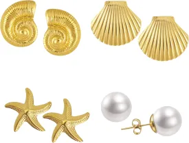 4 Pairs of Gold Statement Stud Earrings, Shell/Conch/Starfish/Pearl Earrings,Beach Jewelry,Beachy Earrings Set Gifts for Women
