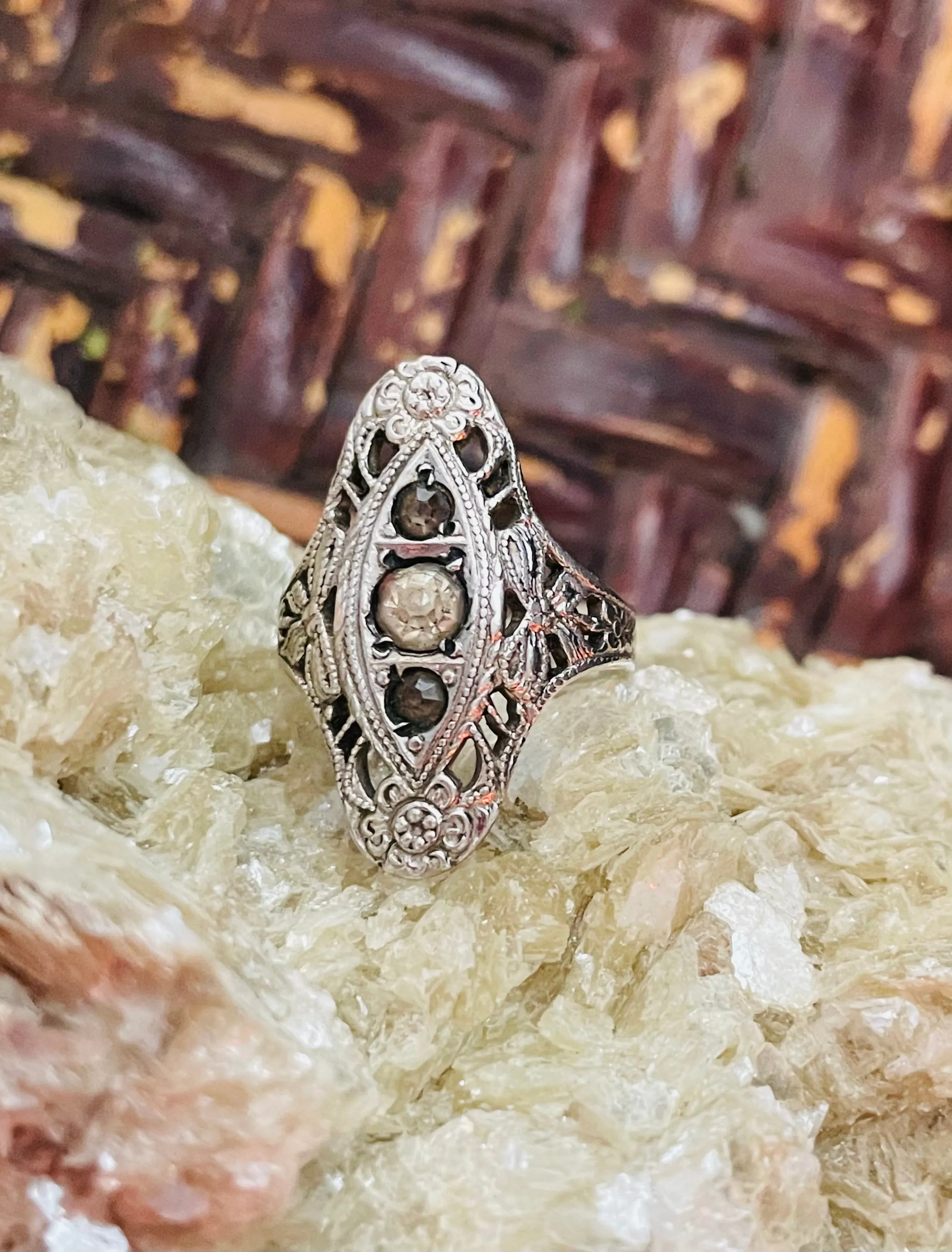 Antique Art Deco Filigree Ornate Sterling Silver 925 3 Stone Ring 3.5g Size 5