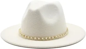 Autumn and Winter Felt Hat Gold Chain Woolen Hat European and American Jazz Felt Hat Men and Women Big Brim Flat Brimmed Hat Fengyan Cowboy Hats (Color : White, Size : 56-58cm)
