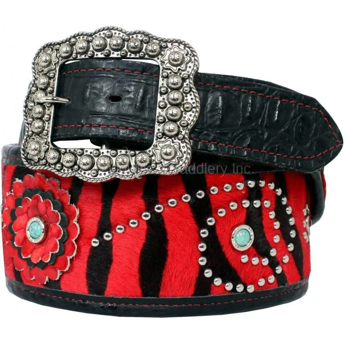 B220 - Red Zebra Hair Print and Black Gator Ends Belt