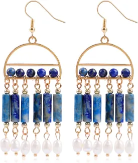 Bohemian Dangle Tassel Beaded Earrings for Women with Drop Pearl Gold Plated Boho Natural Stone Beads Half Hoop Lapis Lazuli Gemstone Geometric Earrings Vintage Jewelry Gift for Her, Navy Blue