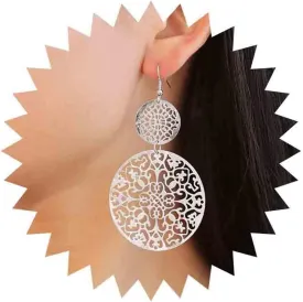 Boho Filigree Hollow Disc Dangle Drop Earrings Boho Gold Ethnic Carved Flower Disc Earrings Statement Hook Earrings Wedding Bridesmaid Jewelry for Women and Girls(Gold)