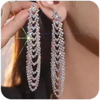 Chargances Boho Rhinestone Tassel Long Earrings for Women Sparkling Crystal Chain Dangle Earrings Statement Drop Dangle Earrings for Wedding Valentine's Day