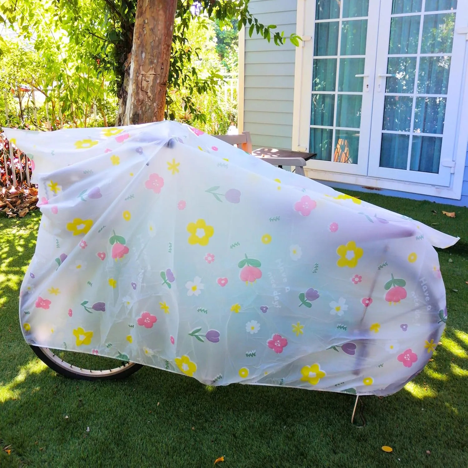 Clear Bike Cover, Bike Cover, Clear Bicycle Cover, Transparent Bike Cover, Cute Bike Cover, Opaque, Heavy Duty (Pink & Yellow Flowers (L) 220 x 120)