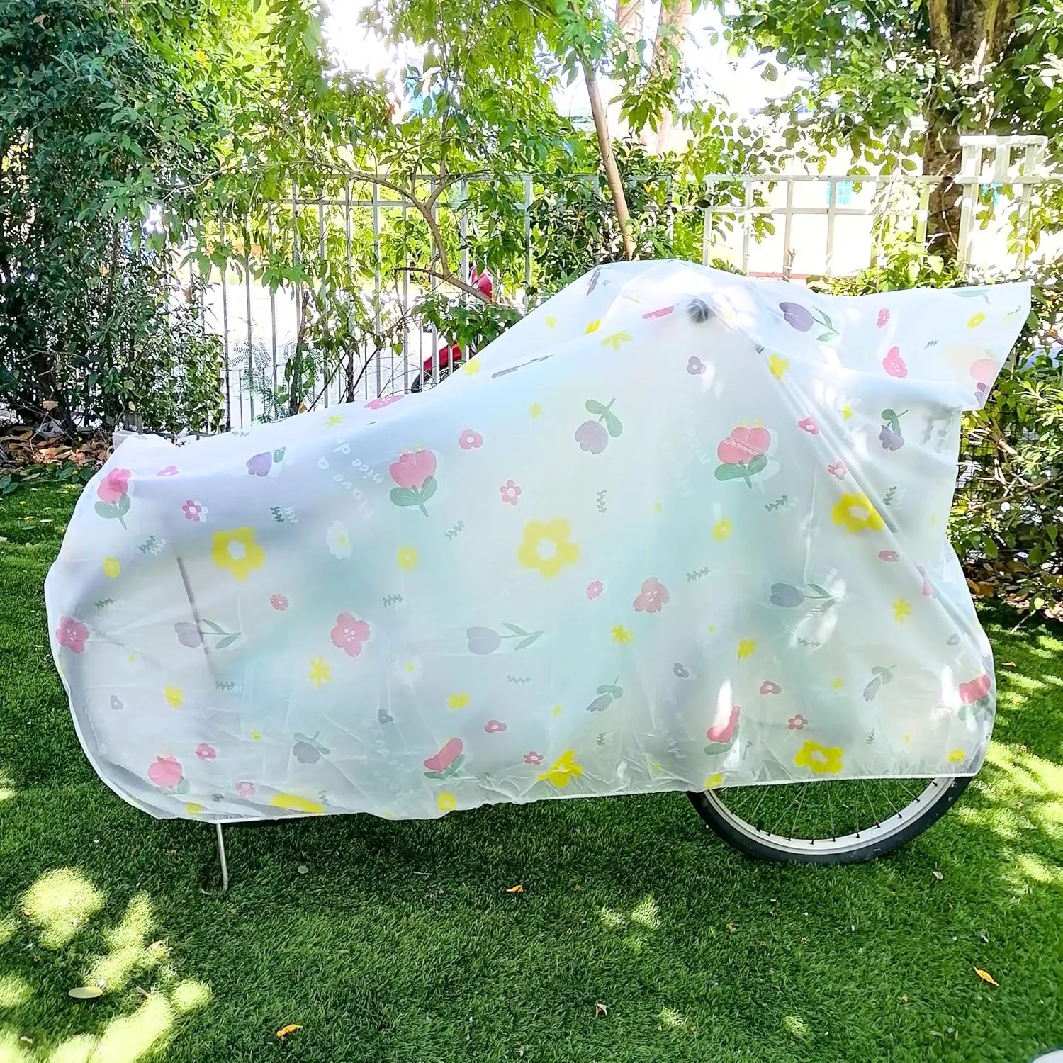 Clear Bike Cover, Bike Cover, Clear Bicycle Cover, Transparent Bike Cover, Cute Bike Cover, Opaque, Heavy Duty (Pink & Yellow Flowers (L) 220 x 120)