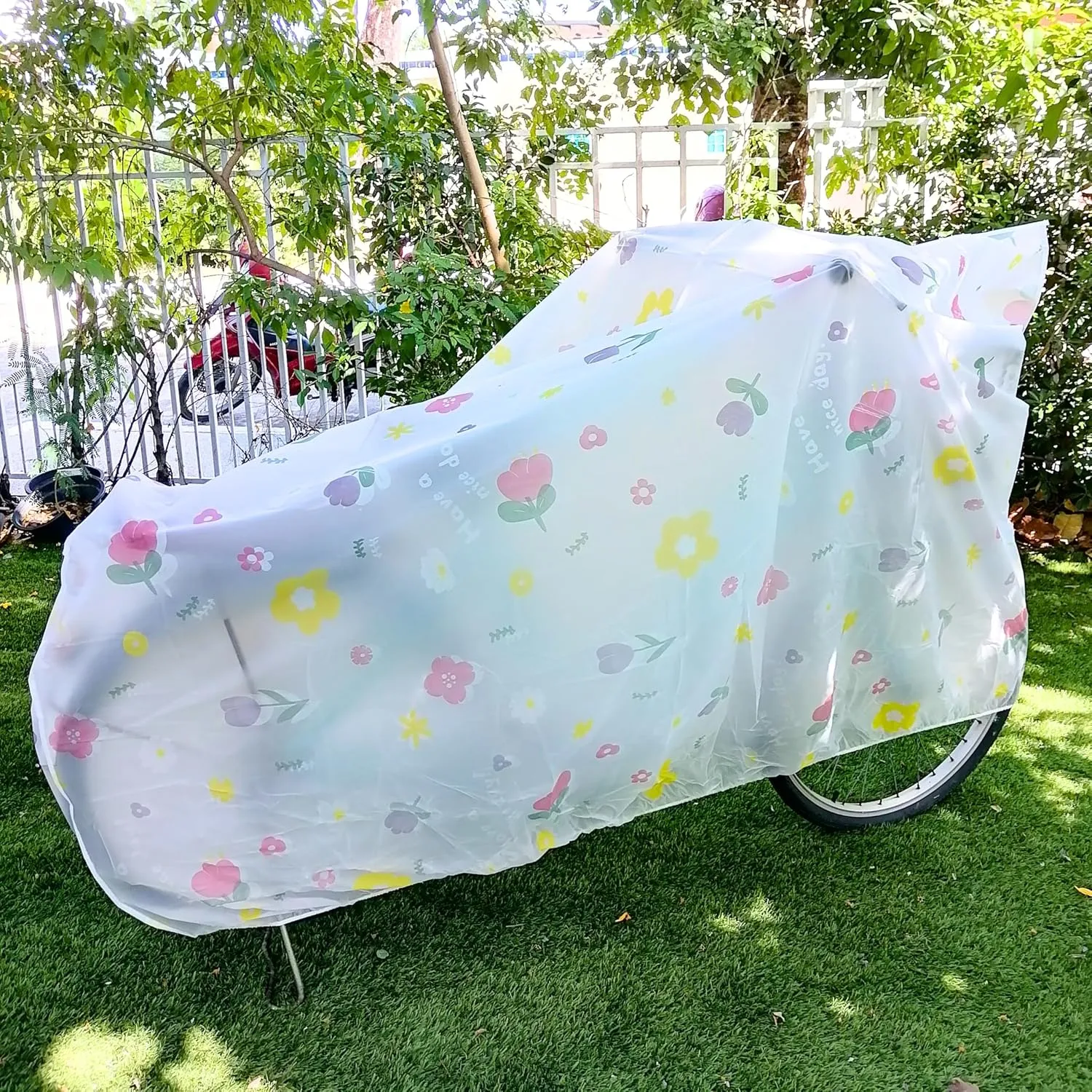 Clear Bike Cover, Bike Cover, Clear Bicycle Cover, Transparent Bike Cover, Cute Bike Cover, Opaque, Heavy Duty (Pink & Yellow Flowers (L) 220 x 120)