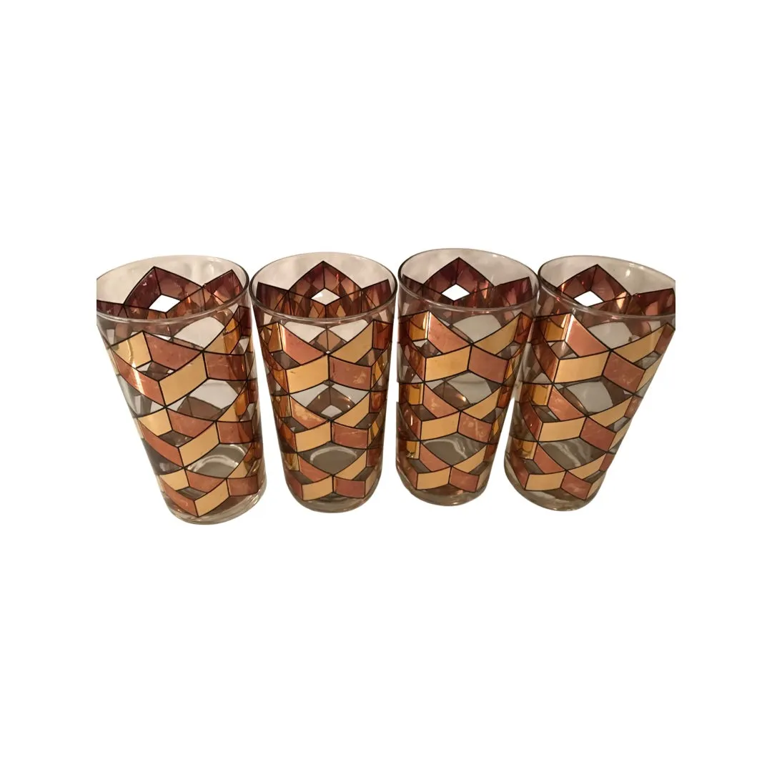 Culver Mid-Century Gold Herringbone Highball Glasses (Set of 4)