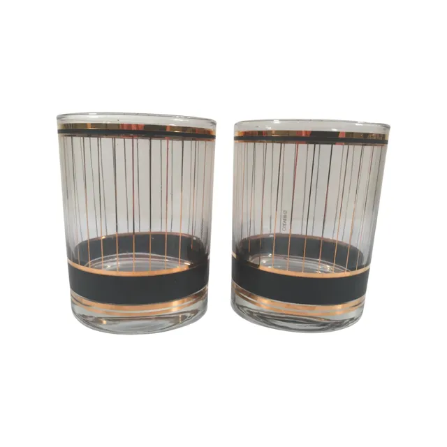 Culver Signed Black and 22-Karat Gold Devon Double Old Fashion Glasses and Shot Glass (7 Piece Set)