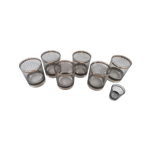 Culver Signed Black and 22-Karat Gold Devon Double Old Fashion Glasses and Shot Glass (7 Piece Set)