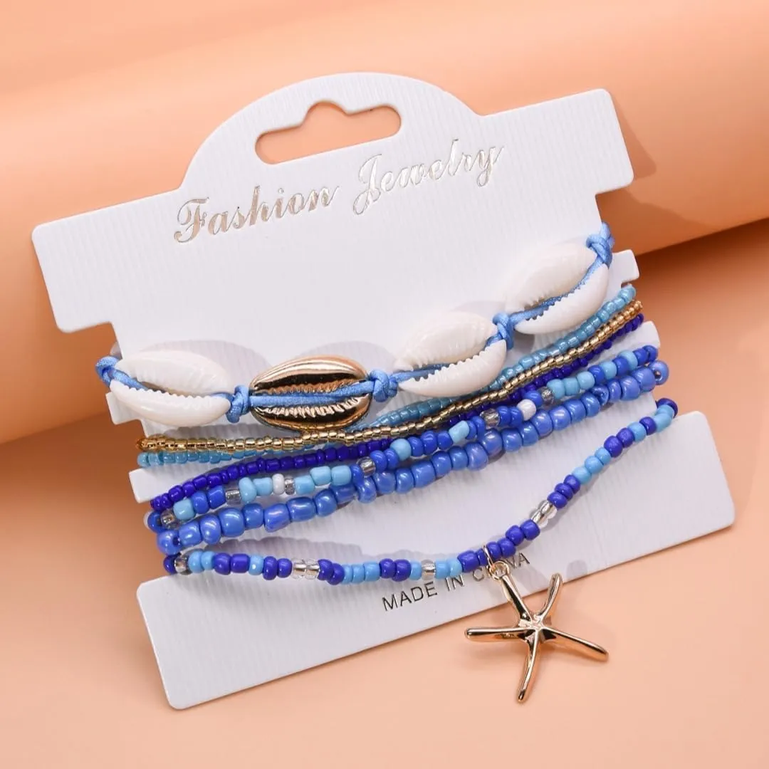 DATOA Shell Ankle Bracelet Set for Women Boho Beaded Stackable Bracelet Multi-Layer Seashell Starfish Anklet Hawaiian Beach Foot Accessories Gift