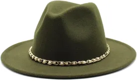 DHAEY Autumn and Winter Felt Hat Gold Chain Woolen Hat European and American Jazz Felt Hat Men and Women Big Brim Flat Brimmed Hat Luopan Caps & Hats(Military Green)