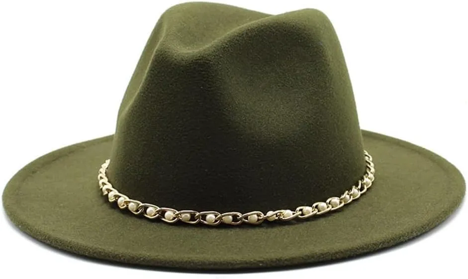 DHAEY Autumn and Winter Felt Hat Gold Chain Woolen Hat European and American Jazz Felt Hat Men and Women Big Brim Flat Brimmed Hat Luopan Caps & Hats(Military Green)