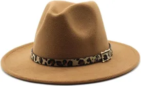 European and American Woolen Hat, Leopard Print Hat for Men and Women, Flat Brim Big Brim Jazz Felt Hat Fengyan Cowboy Hats (Color : Light Coffee, Size : 58-60cm)