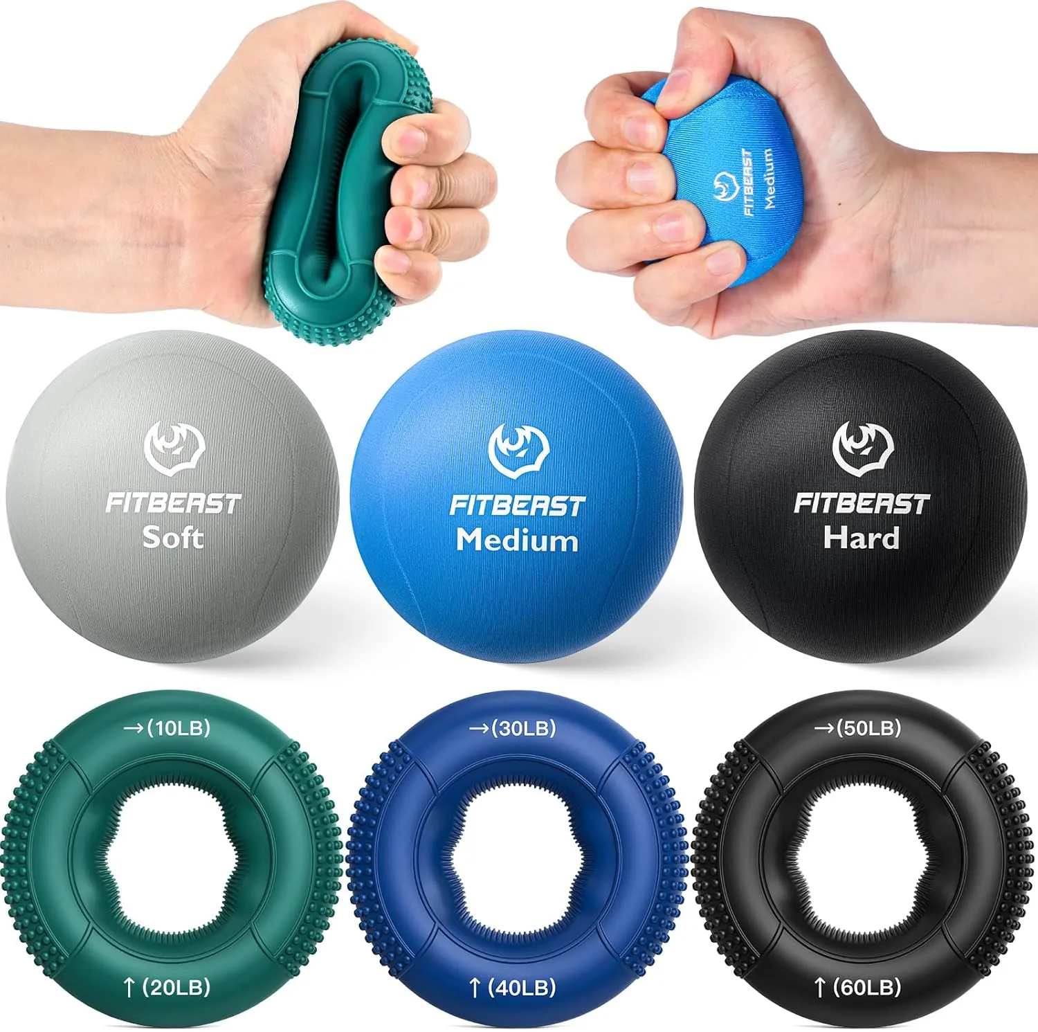 FitBeast Grip Strength Trainer, Finger Exerciser, Stress Balls for Adults 6-Piece Set, Hand Therapy for Strength, Recovery & Stress Relief, Forearm Strengthener for Men, Women & Seniors