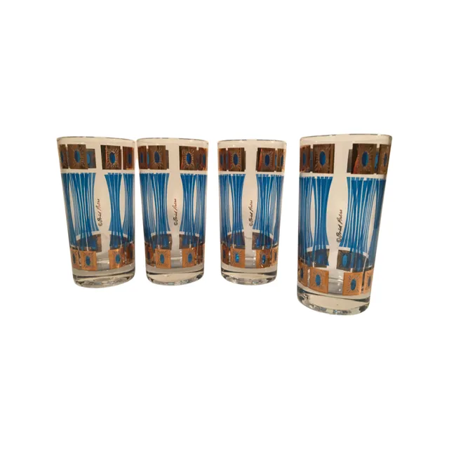 Fred Press Signed Jewel Mid-Century Gold and Blue Atomic Highball Glasses (Set of 4)