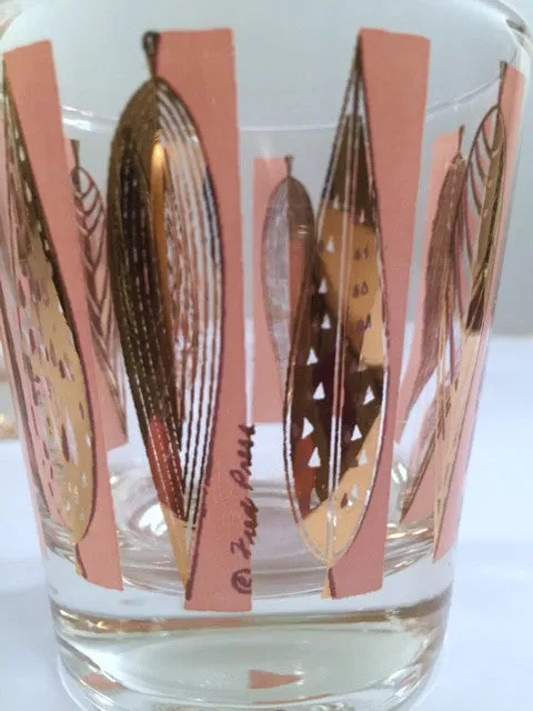 Fred Press Signed Mid-Century Pink and Clear 22-Karat Gold Leaves Whiskey Glasses (Set of 4)