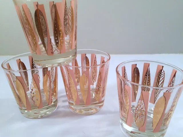 Fred Press Signed Mid-Century Pink and Clear 22-Karat Gold Leaves Whiskey Glasses (Set of 4)