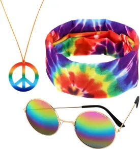 Frienda 3 Pcs Hippie Accessories Costume 70s Tie Dye Rainbow Leopard Outfits, Hippie Headbands for Men Peace Sign Necklace Sunglasses, Rainbow Style