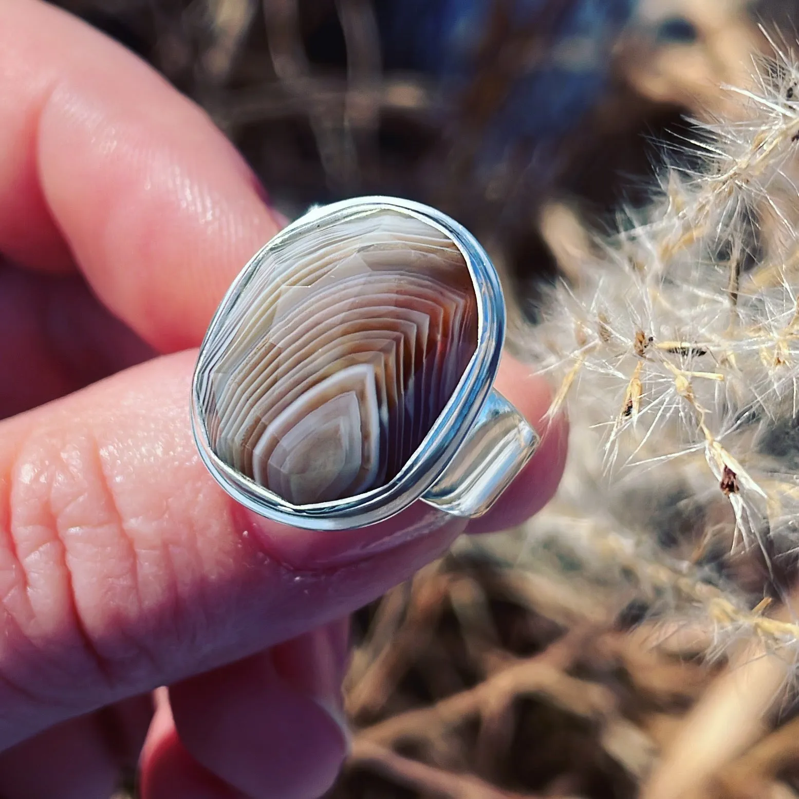 Geometric Cut Botswana Agate and Sterling Silver Ring